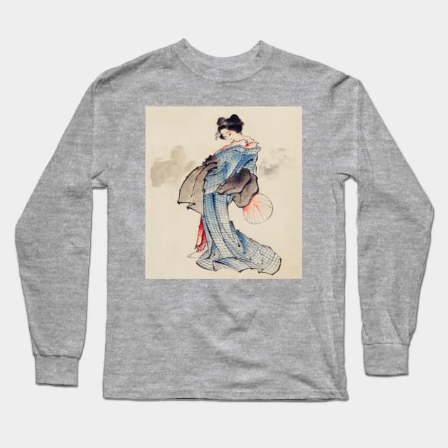 Woman, Full-Length Portrait, Standing, Facing Left, Holding Fan in Right Hand, Wearing Kimono with Check Design by Katsushika Hokusai (1760-1849) Long Sleeve T-Shirt by Garkbit's